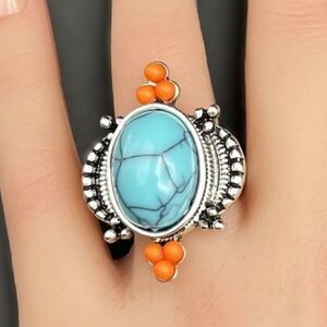925 Sterling Silver with Turquoise and Enamel Boho Statement Ring Size 8